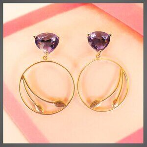 Amethyst Rhinestone Gold Hoop Drop Earrings